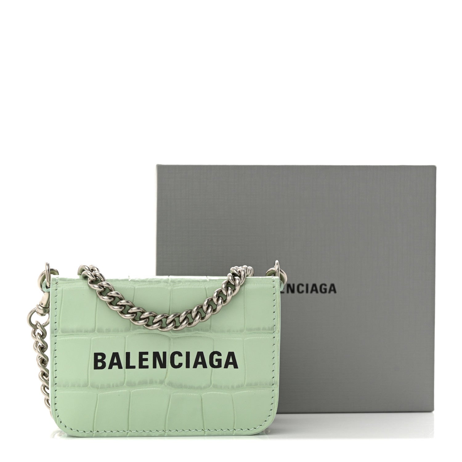 Balenciaga Shiny Calfskin Logo Crocodile Embossed Logo Mini Cash Wallet On Chain Light Green Black 14 of 14