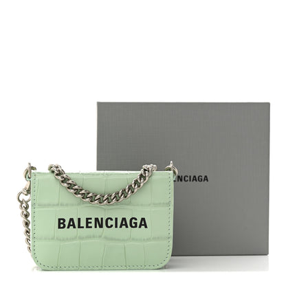 Balenciaga Shiny Calfskin Logo Crocodile Embossed Logo Mini Cash Wallet On Chain Light Green Black 14 of 14