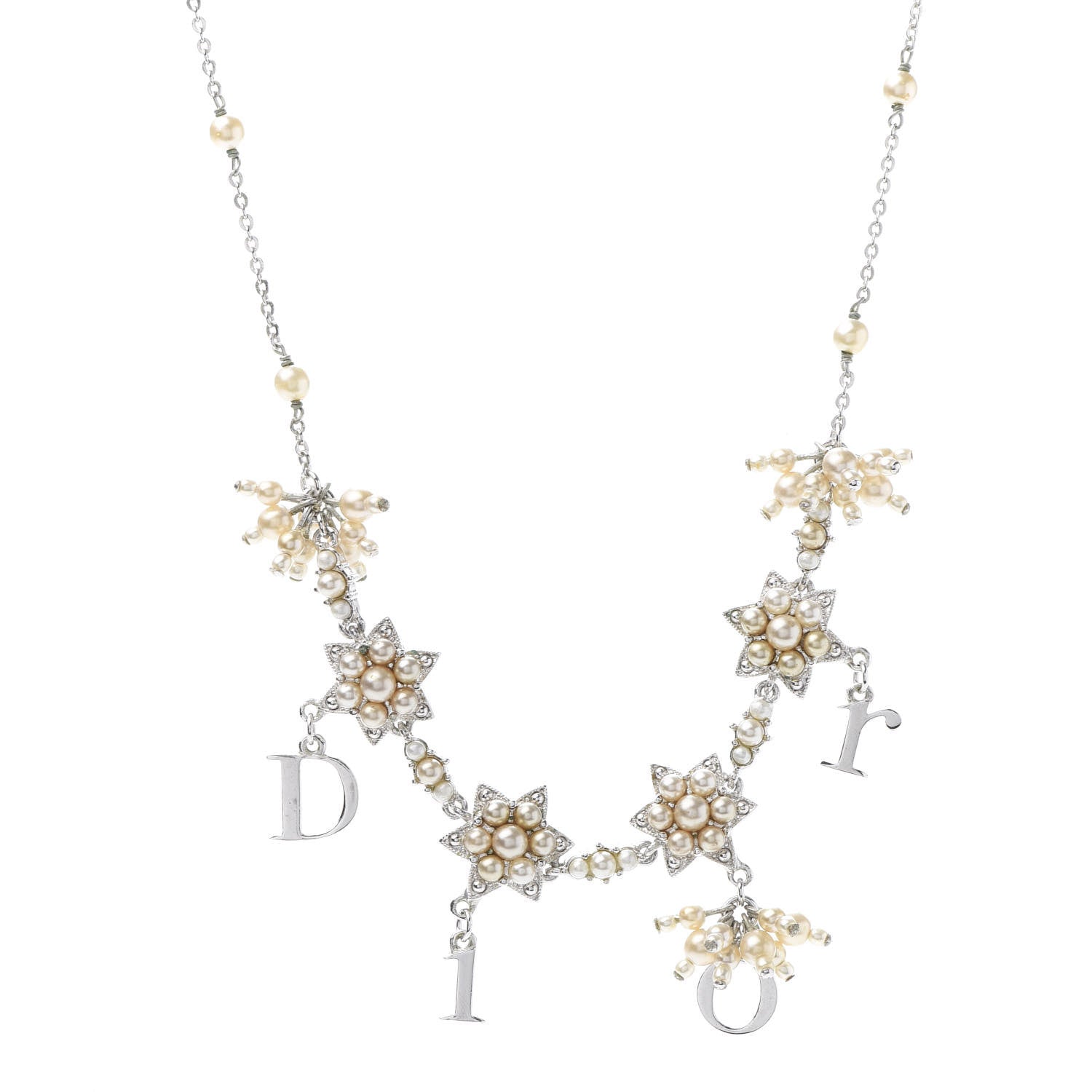 Christian Dior Pearl Star Logo Charm Necklace Silver 1 of 7