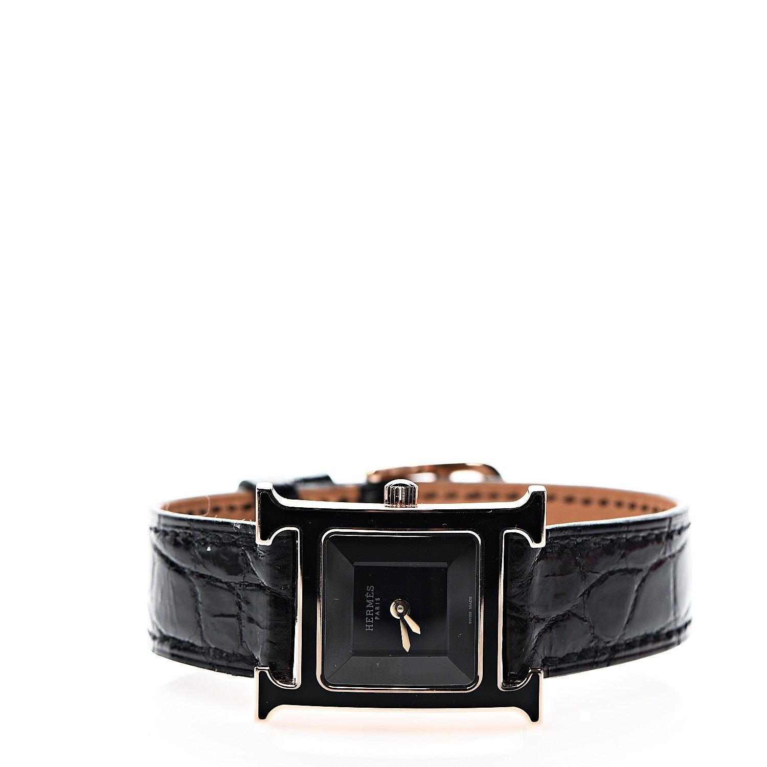 Hermes 18K Rose Gold Alligator Lacquer 21mm Heure H Hour Quartz Watch Noir 2 of 7