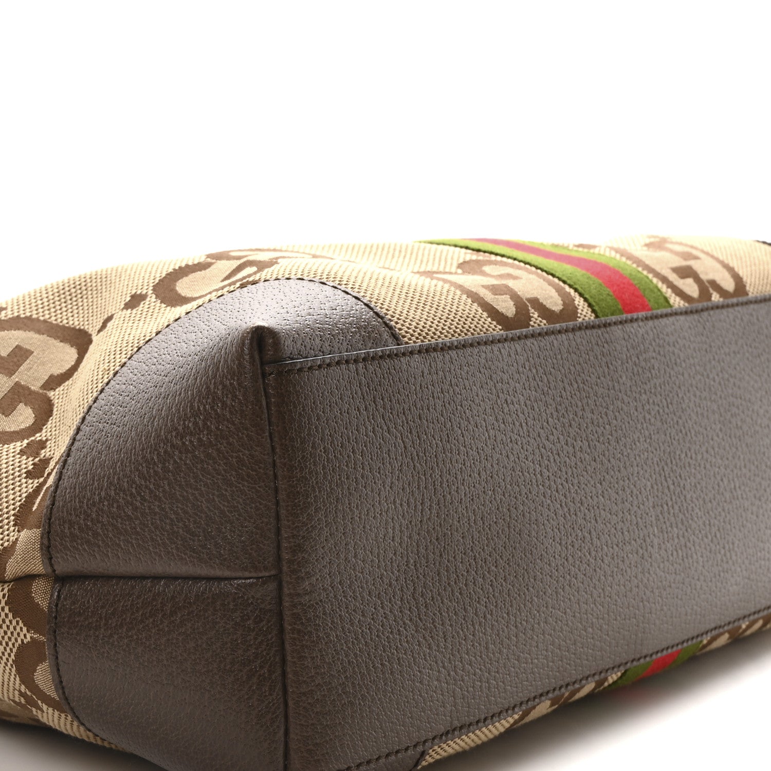 Gucci Monogram Jumbo GG Textured Dollar Calfskin Web Medium Ophidia Shopping Tote Camel Ebony 9 of 10