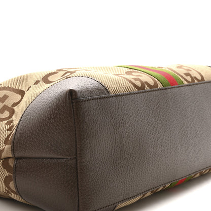 Gucci Monogram Jumbo GG Textured Dollar Calfskin Web Medium Ophidia Shopping Tote Camel Ebony 9 of 10