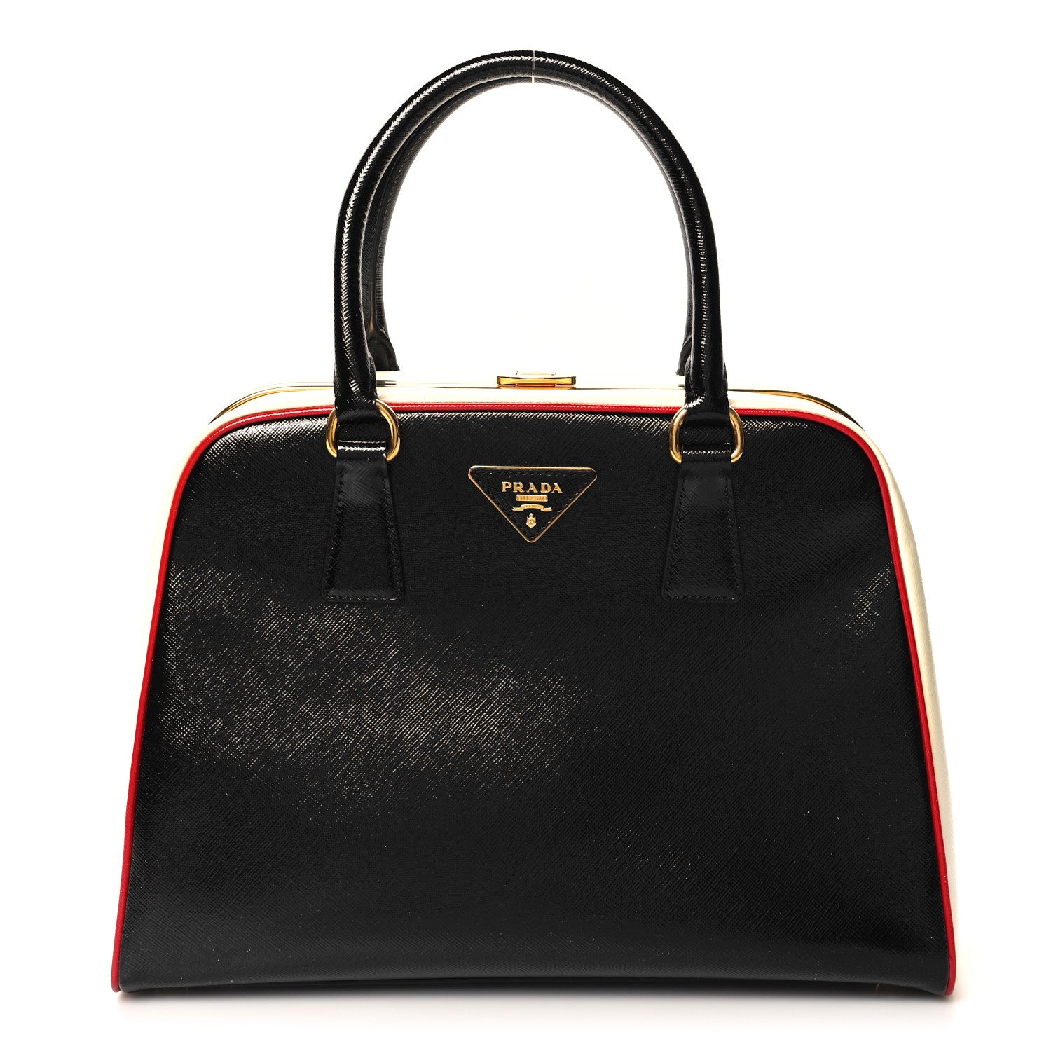 Prada Saffiano Vernice Pyramid Bag Black White Rosso 1 of 11