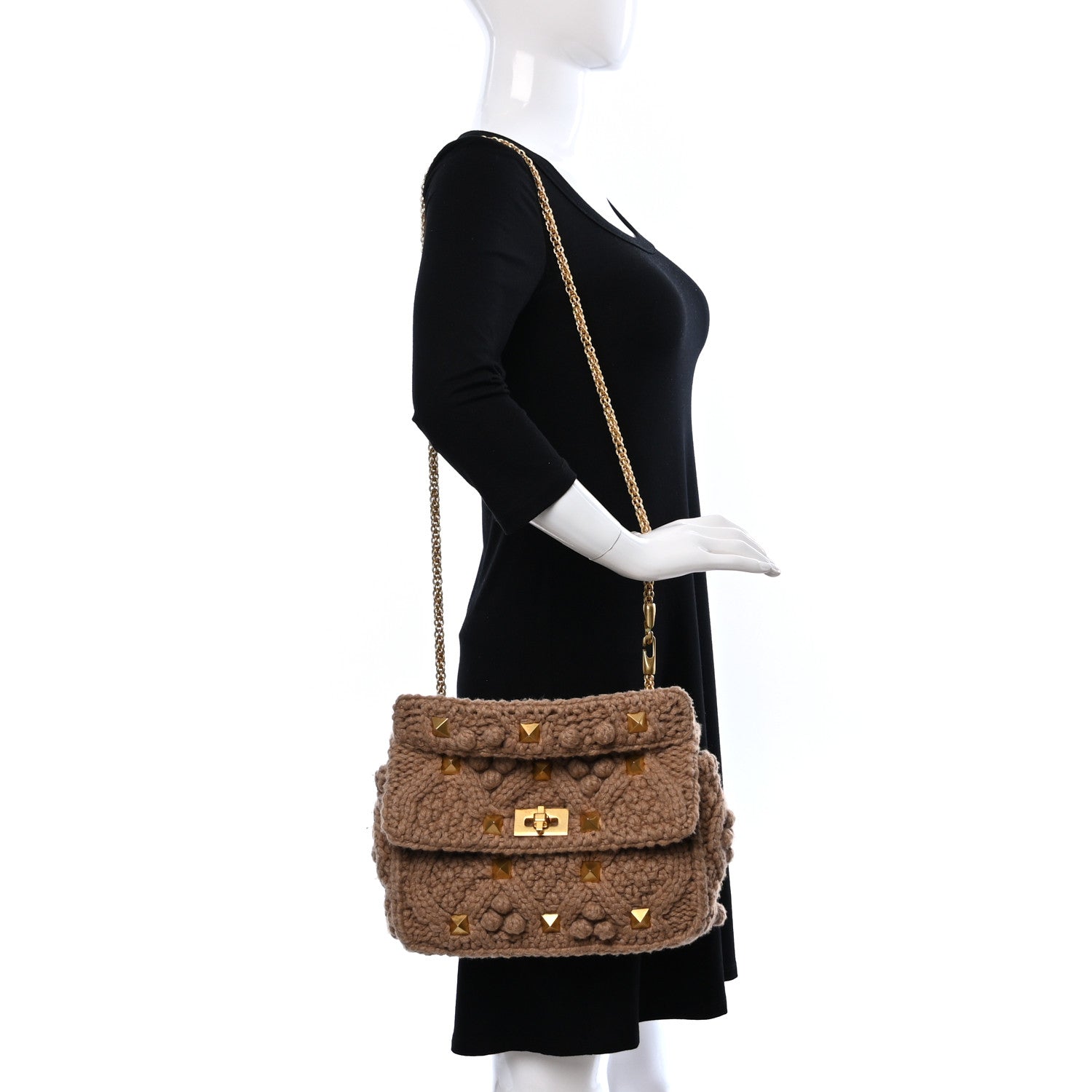 Valentino Garavani Cashmere Large Roman Stud Shoulder Bag Beige 2 of 8
