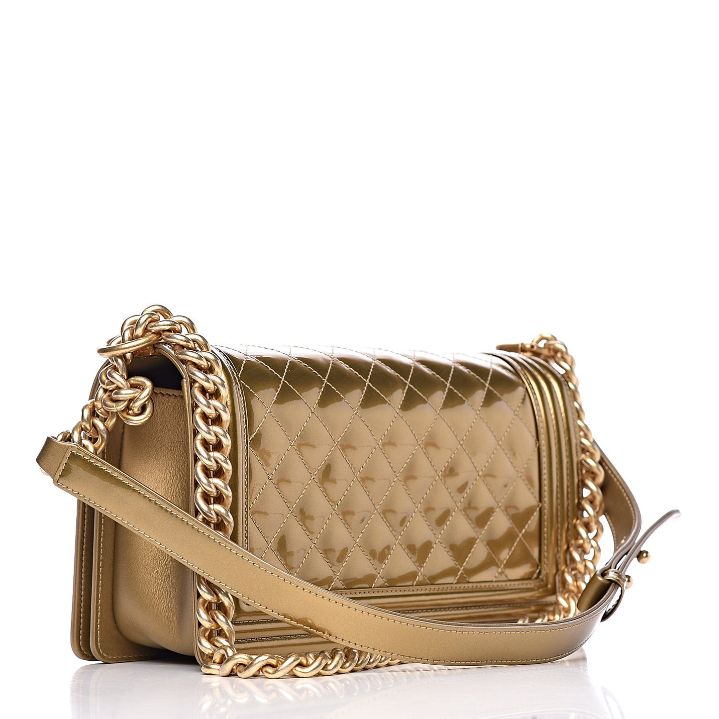 Metallic Patent Calfskin Quilted Medium Boy Flap Gold