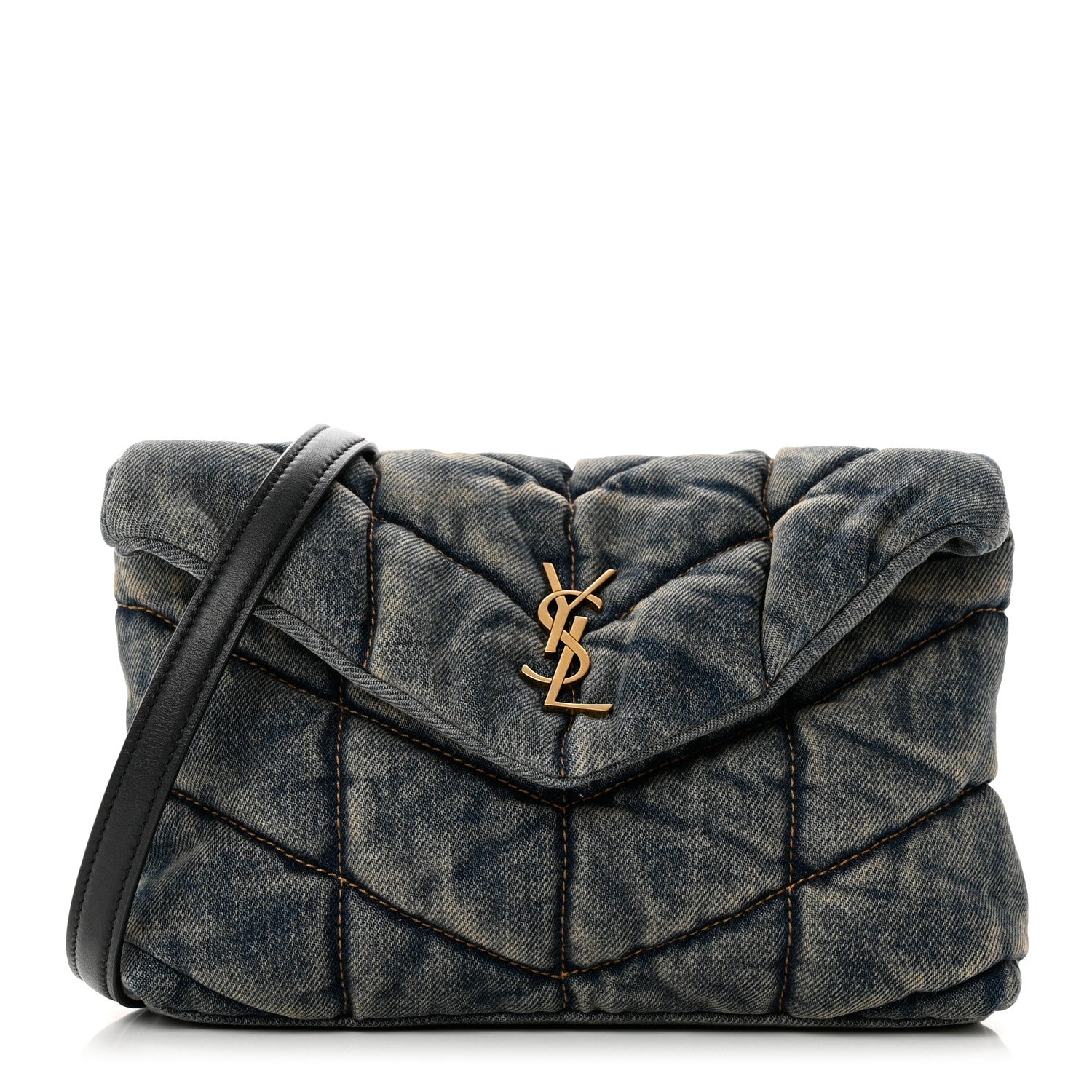 Saint Laurent Denim Quilted Toy Loulou Puffer Monogram Chain Satchel Blue Black 1 of 8