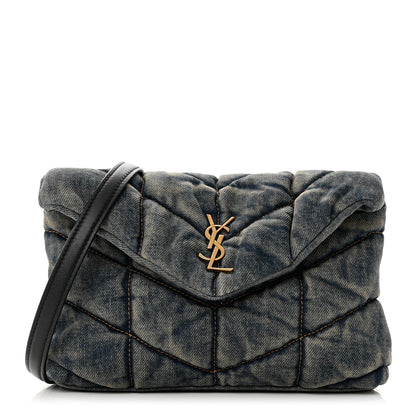 Saint Laurent Denim Quilted Toy Loulou Puffer Monogram Chain Satchel Blue Black 1 of 8
