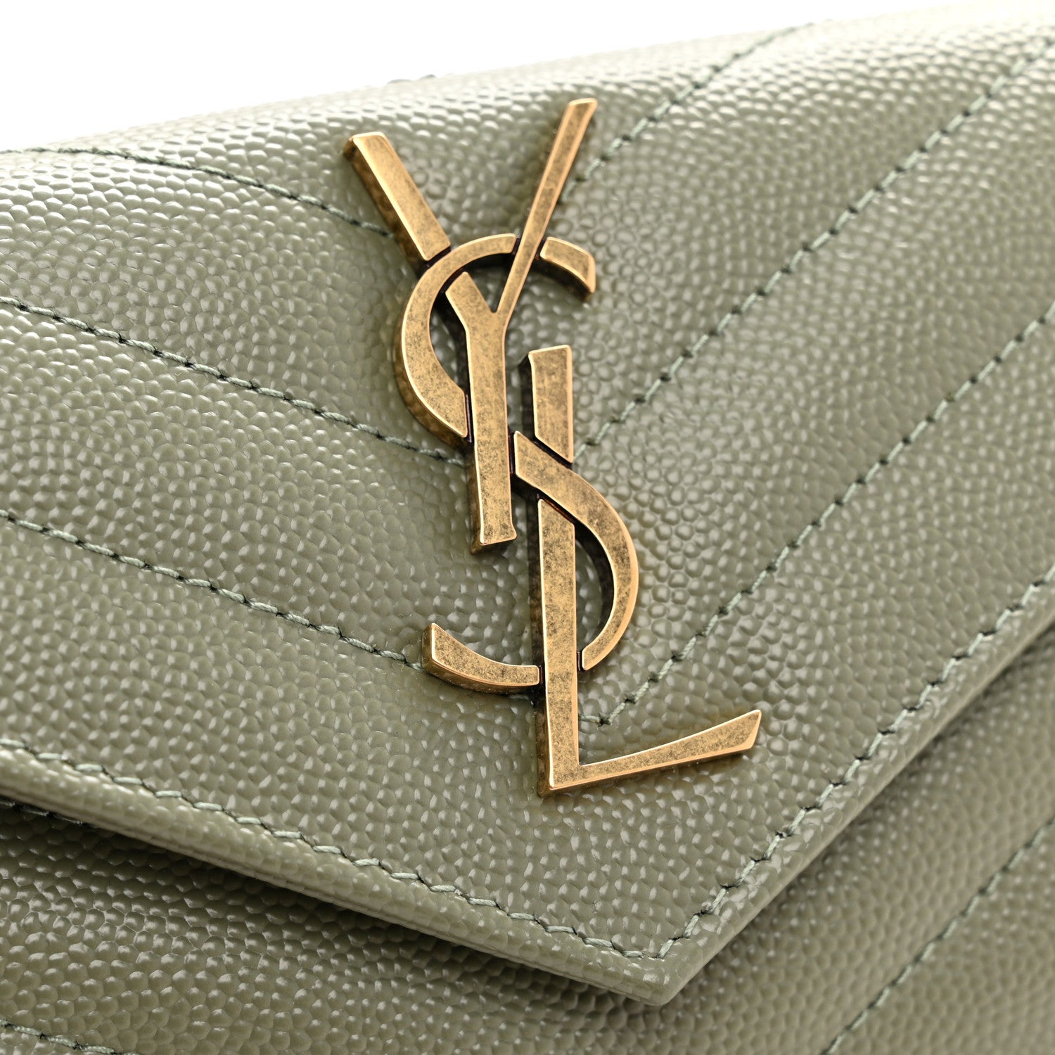 Saint Laurent Grain De Poudre Matelasse Chevron Small Monogram Envelope Wallet Light Sage 8 of 8