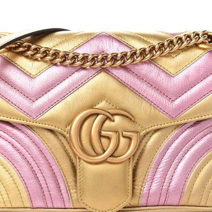 Gucci Metallic Calfskin Matelasse Small GG Marmont Shoulder Bag Gold Pink 11 of 12