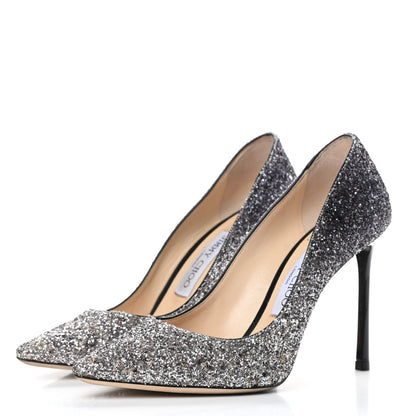 Jimmy Choo Glitter Pointy Toe Romy 100 Pumps 36.5 Silver Black 3 of 10