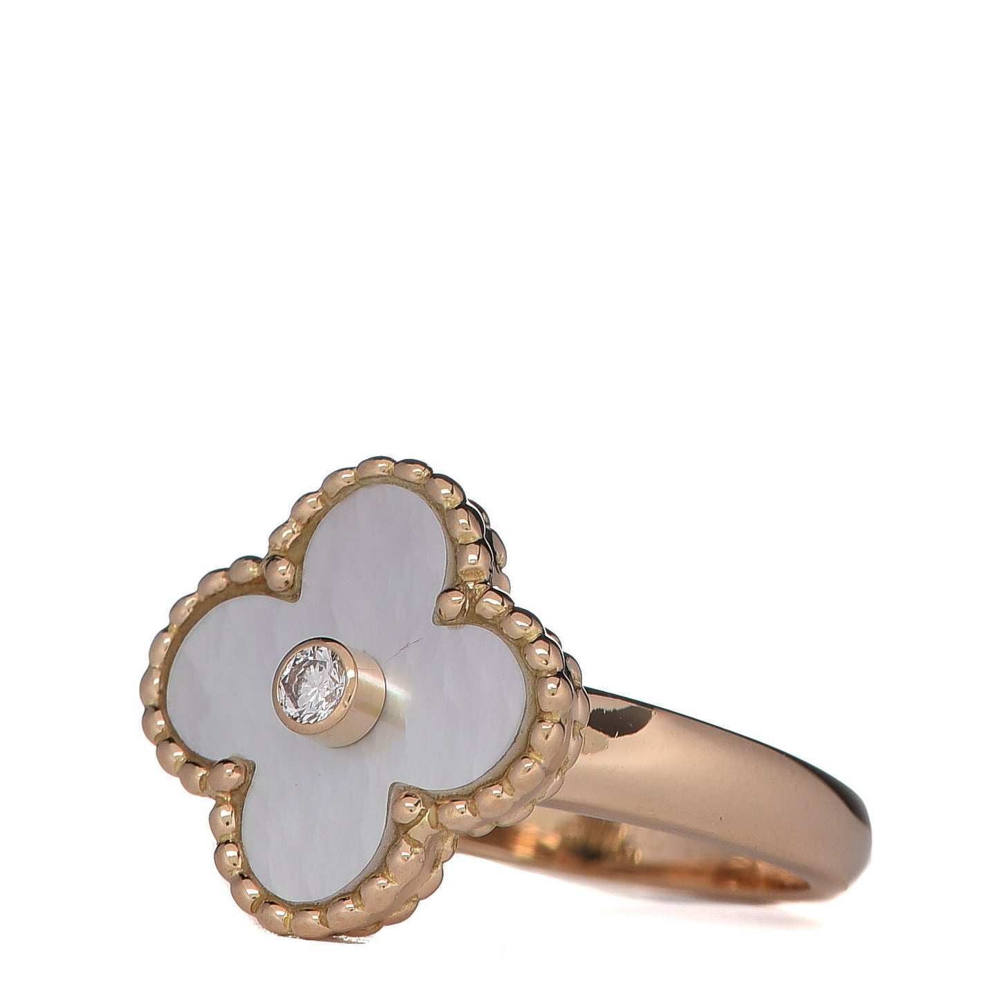 18K Yellow Gold Diamond Mother of Pearl Vintage Alhambra Ring 50 5.25