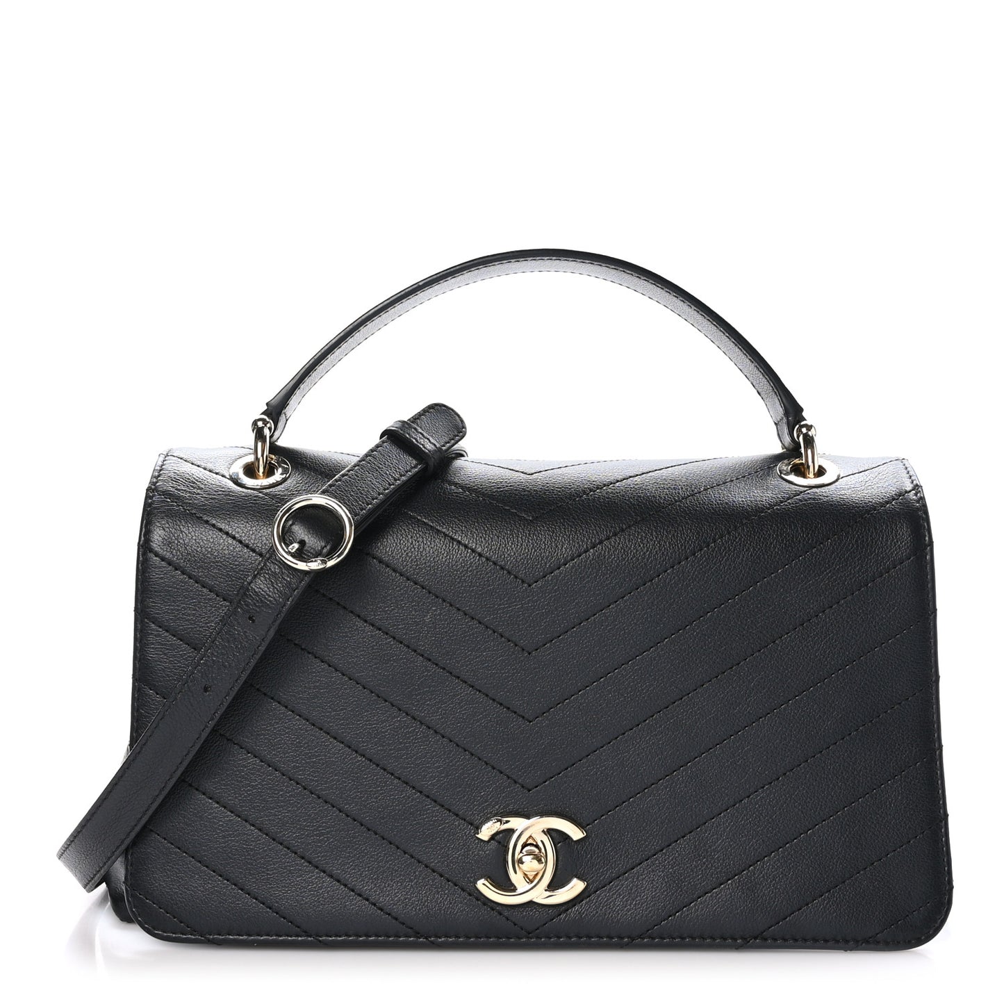 Grained Calfskin Chevron Stitched Medium Chic Top Handle Flap Black