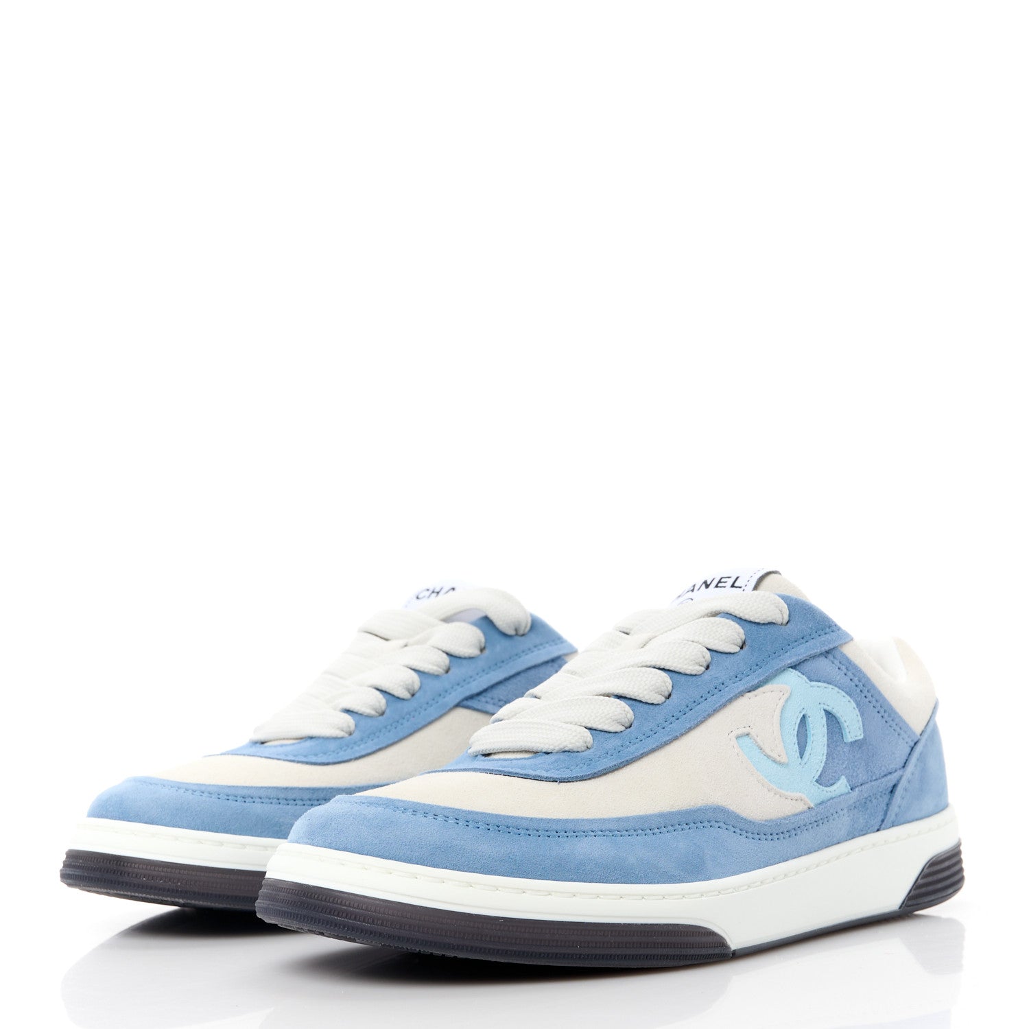 Chanel Suede Kidskin Womens CC Sneakers 37.5 White Blue 3 of 10