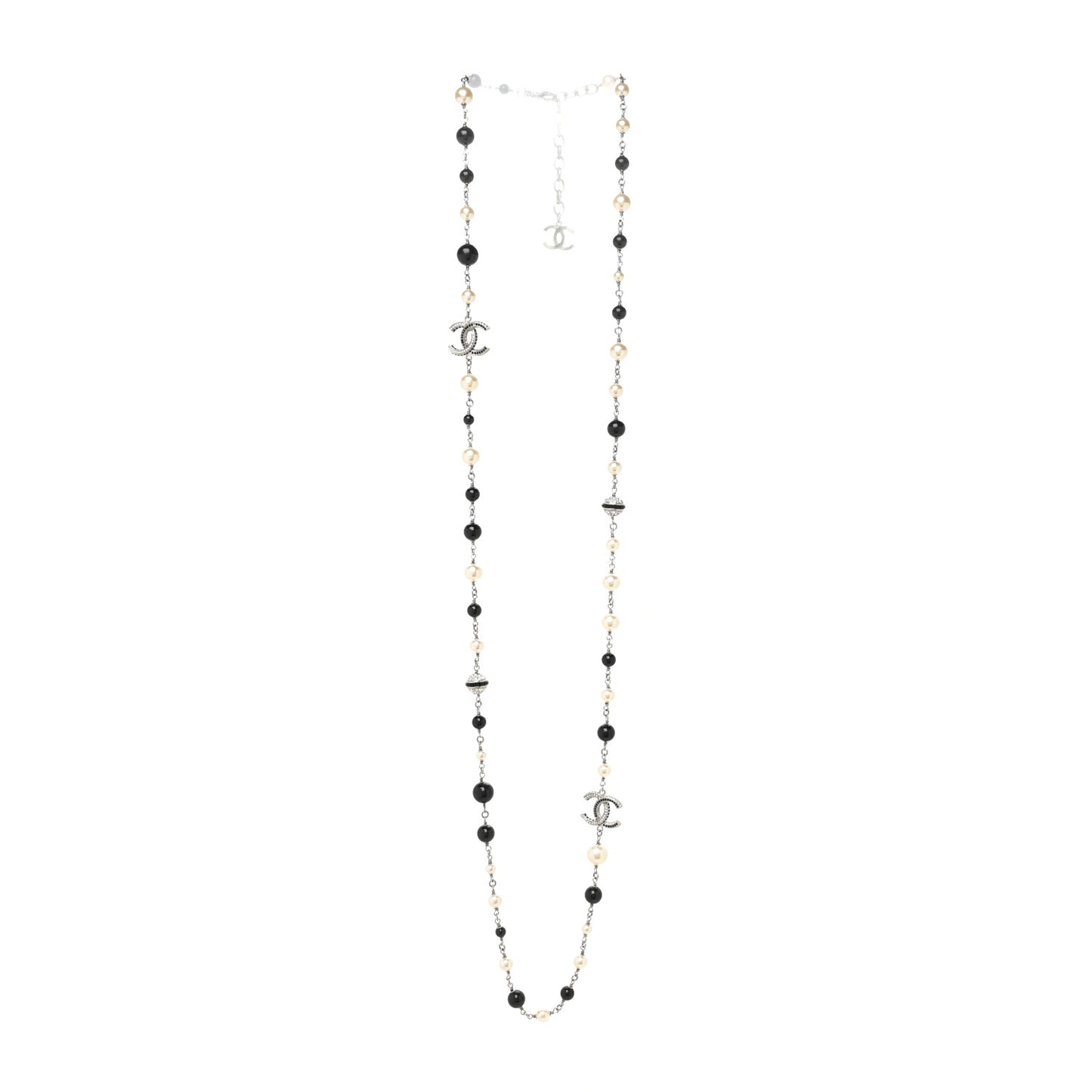 Metal Pearl Crystal Bead CC Long Necklace Silver Black