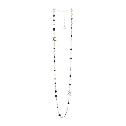 Chanel Metal Pearl Crystal Bead CC Long Necklace Silver Black 2 of 6