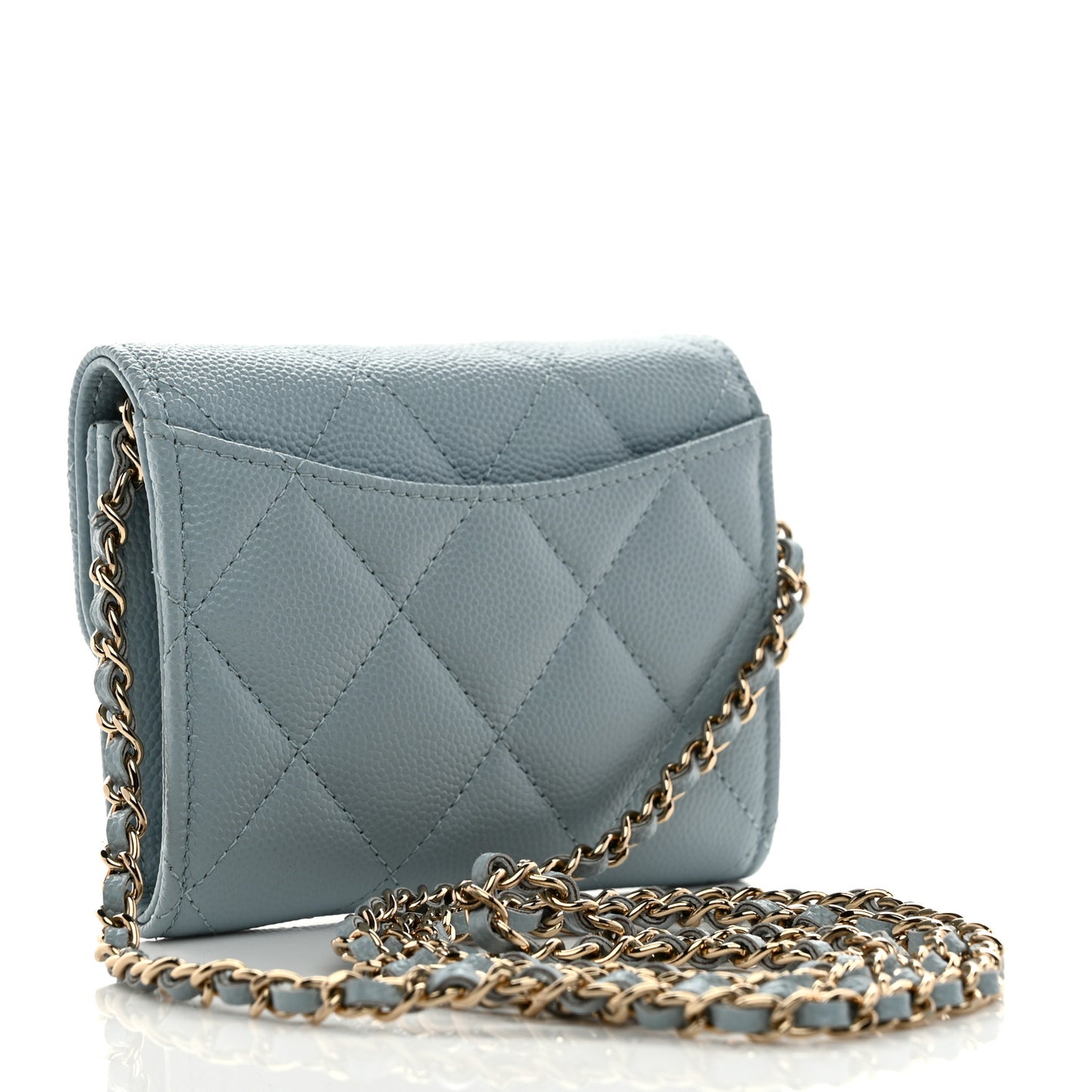 Caviar Quilted Flap Card Holder On Chain Light Blue