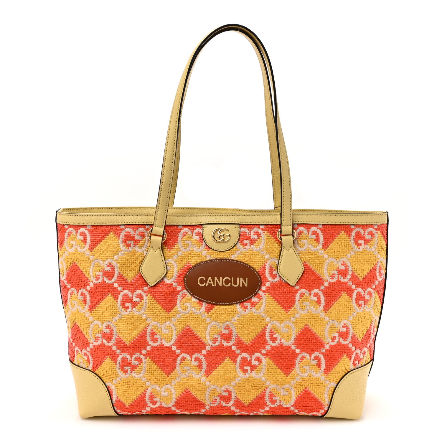 Gucci Straw Textured Dollar Calfskin Cancun Medium Ophidia Shopping Tote Orange Yellow 1 of 11
