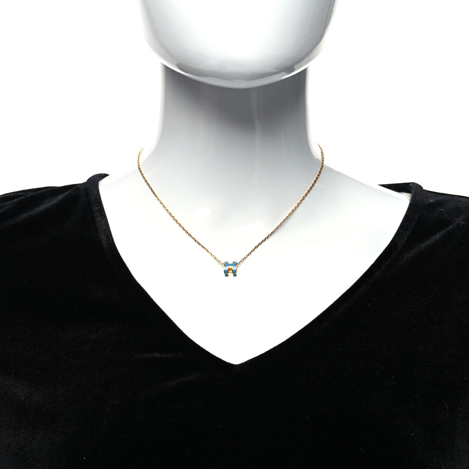Hermes Lacquered Gold Mini Pop H Pendant Necklace Bleu Jean 2 of 5