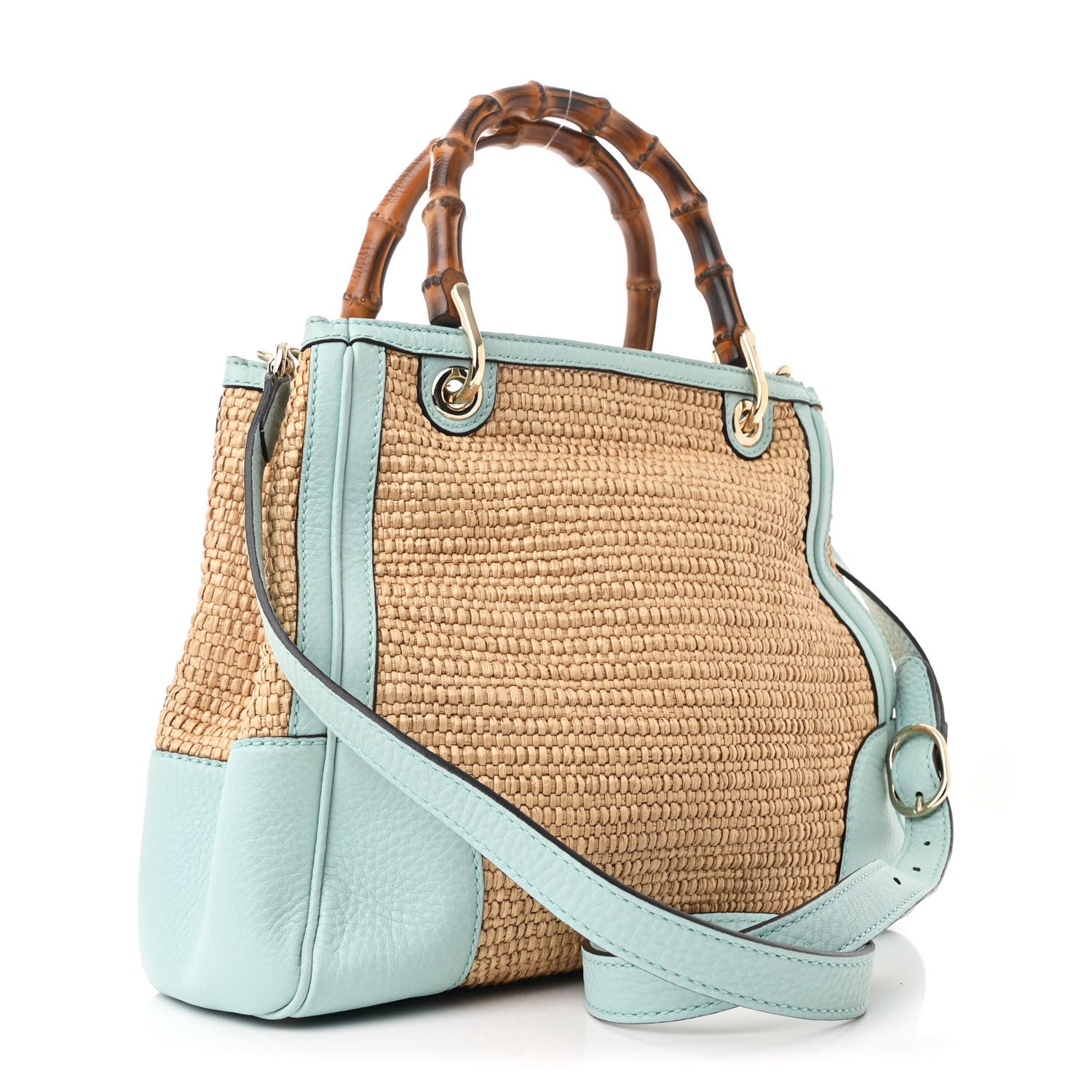 Gucci Raffia Calfskin Small Bamboo Shopper Tote Blue 3 of 11