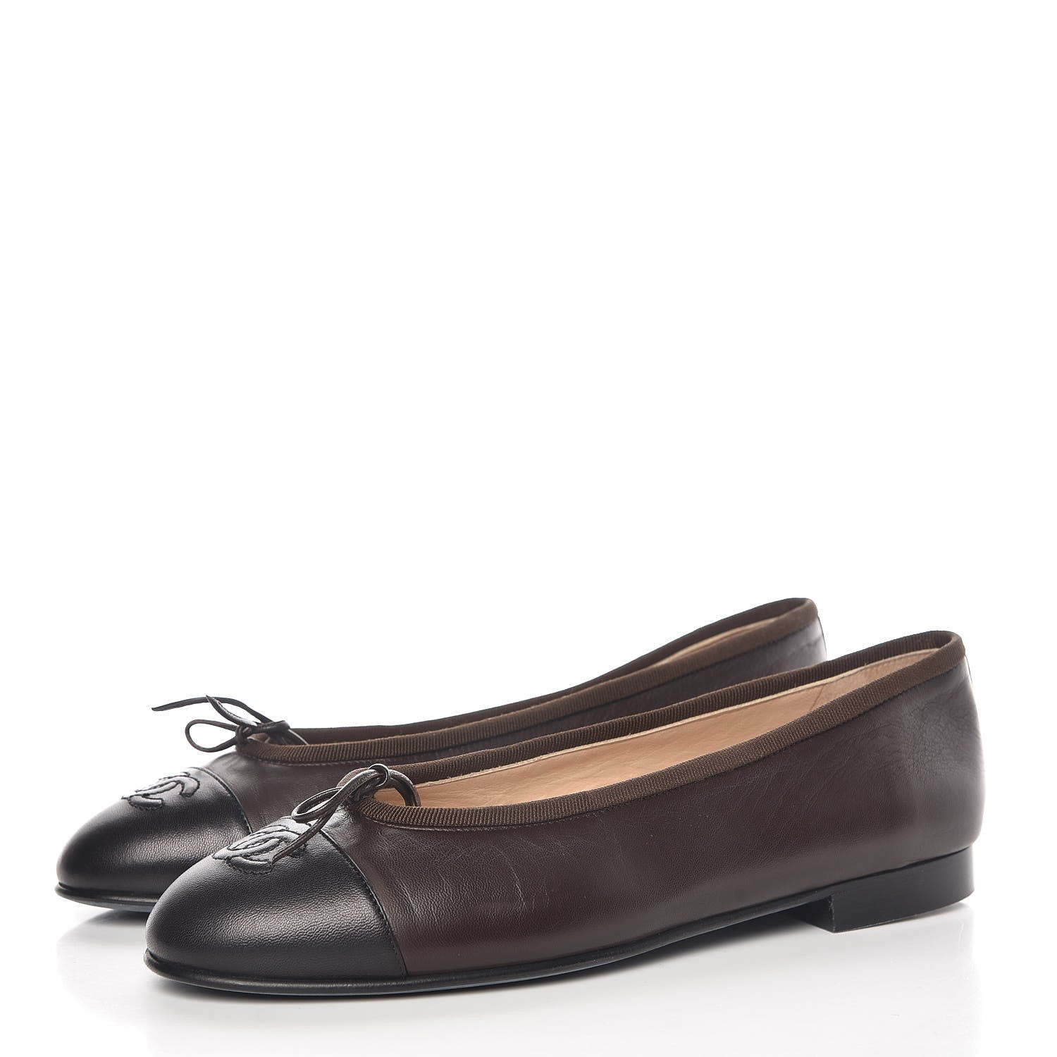 Chanel Lambskin Cap Toe CC Ballerina Flats 38.5 Marron Black 3 of 9