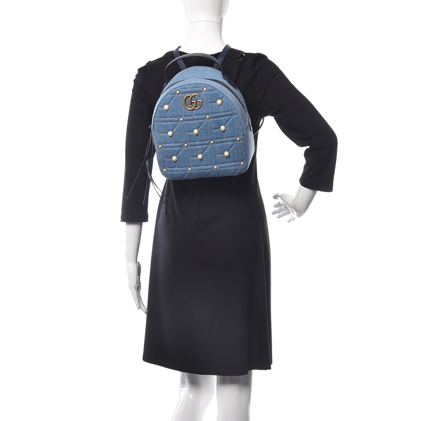 Kura Denim Matelasse Cubic Pearl Studded GG Marmont Dome Backpack Blue