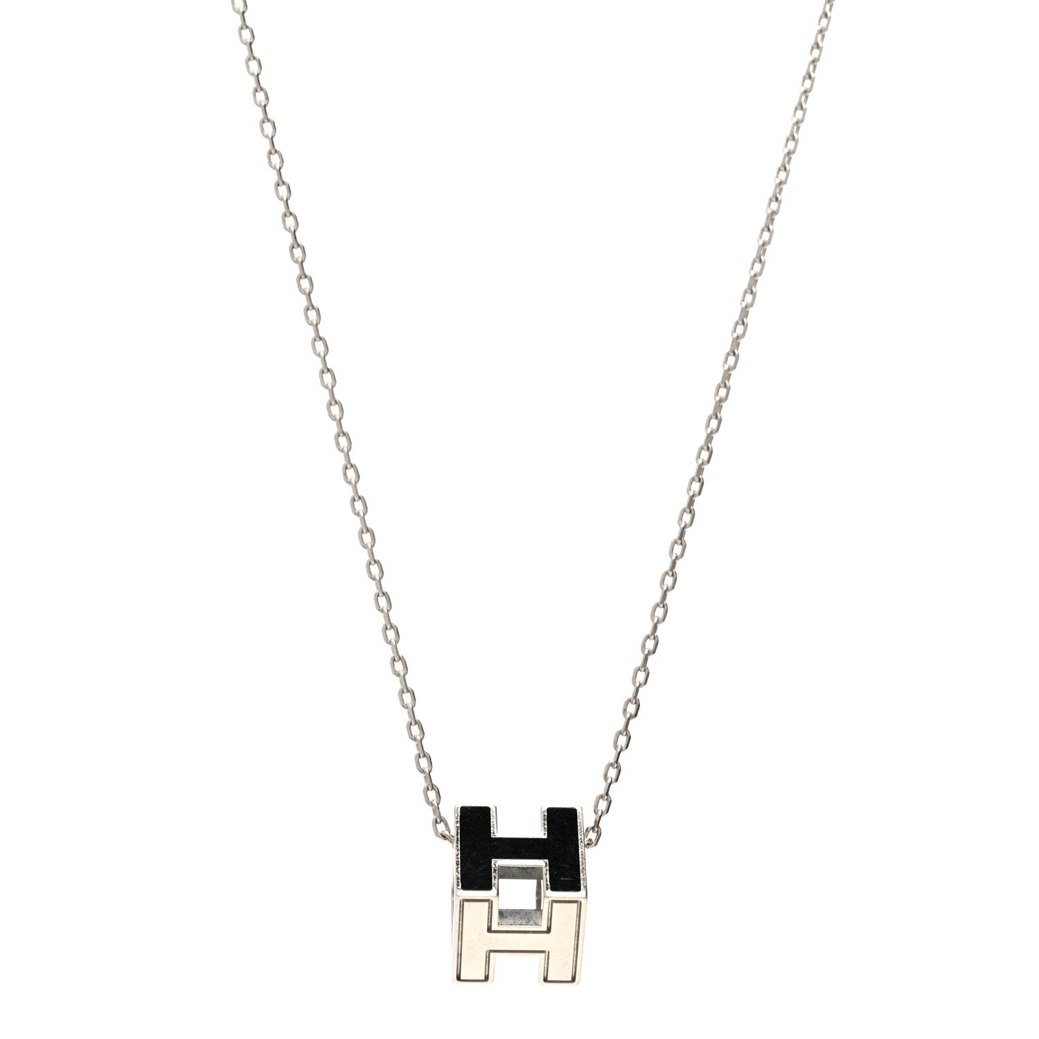 Hermes Lacquered Palladium Cage d'H Pendant Necklace Black 1 of 6