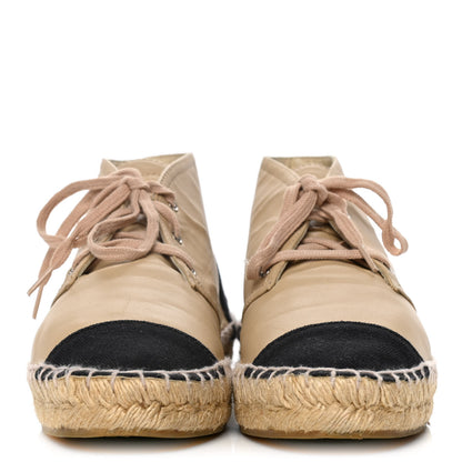 Chanel Lambskin Canvas Cap Toe Lace Up Espadrilles 37 Dark Beige Black 2 of 13