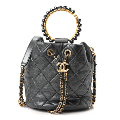 Chanel Metallic Lambskin Quilted Pearl Crown Drawstring Bag Anthracite 1 of 11