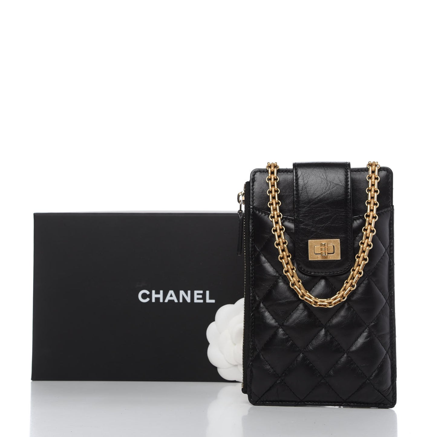 Aged Calfskin Quilted 2.55 Reissue Phone Holder With Chain Black