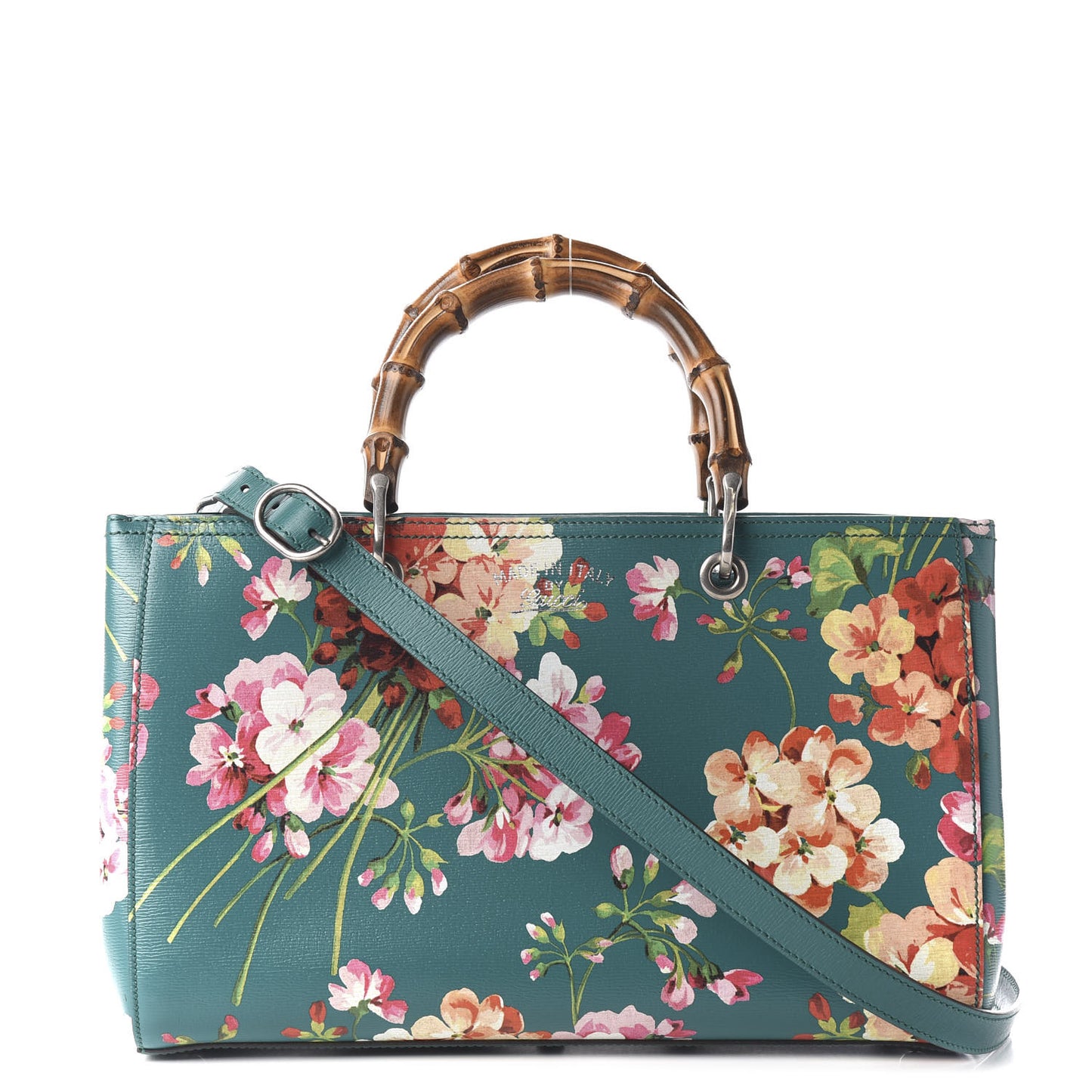 Shangai Calfskin Blooms Print Medium Bamboo Shopper Tote Bright Emerald Multicolor