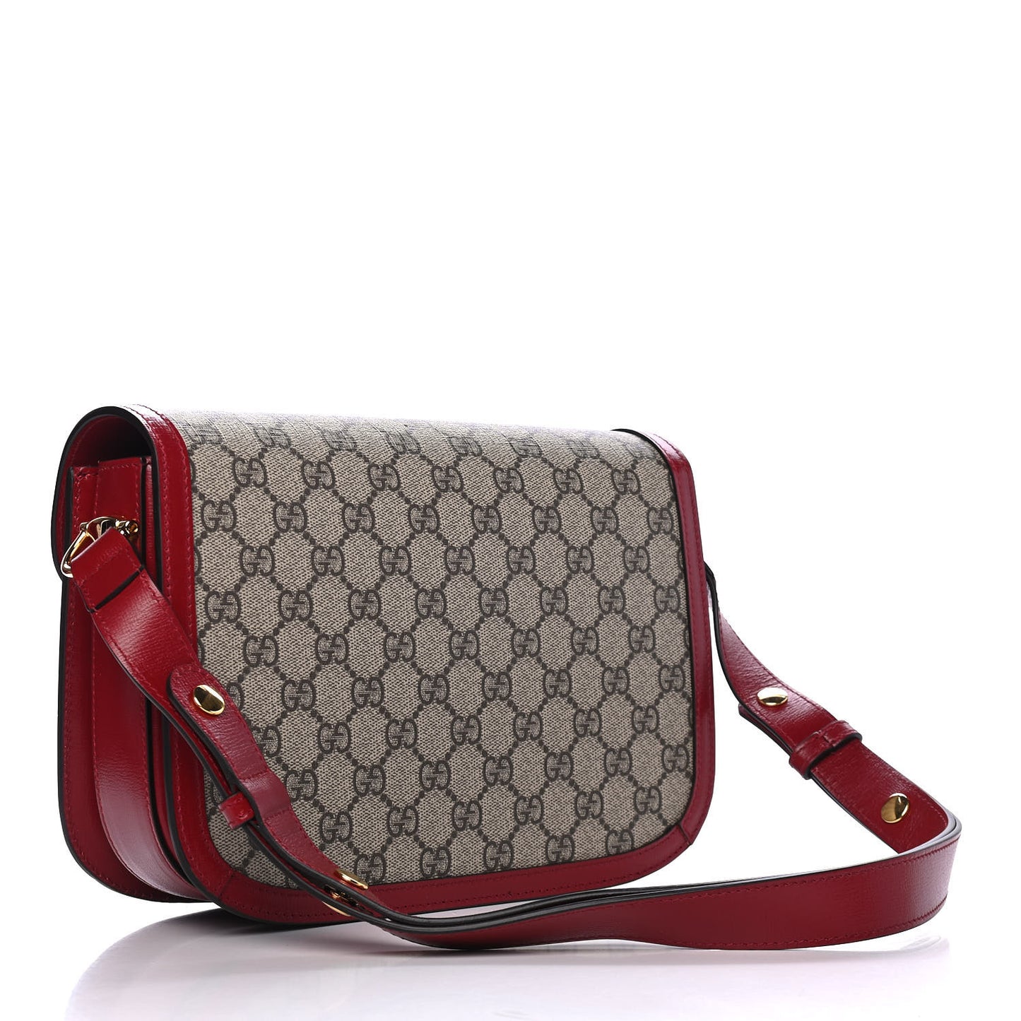 GG Supreme Monogram Azalea Calfskin Horsebit 1955 Shoulder Bag Beige Ebony New Cherry Red
