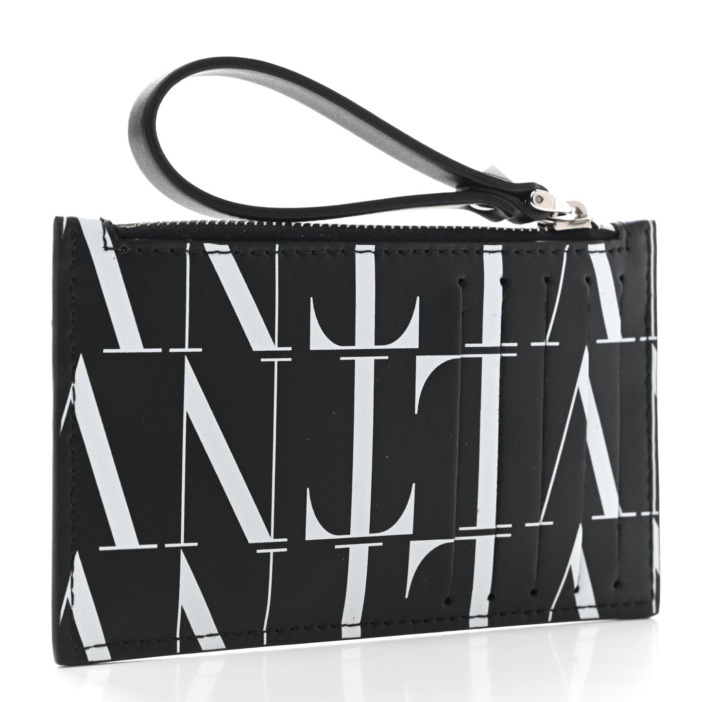 Calfskin VLTN Time Zip Coin Card Case Black White