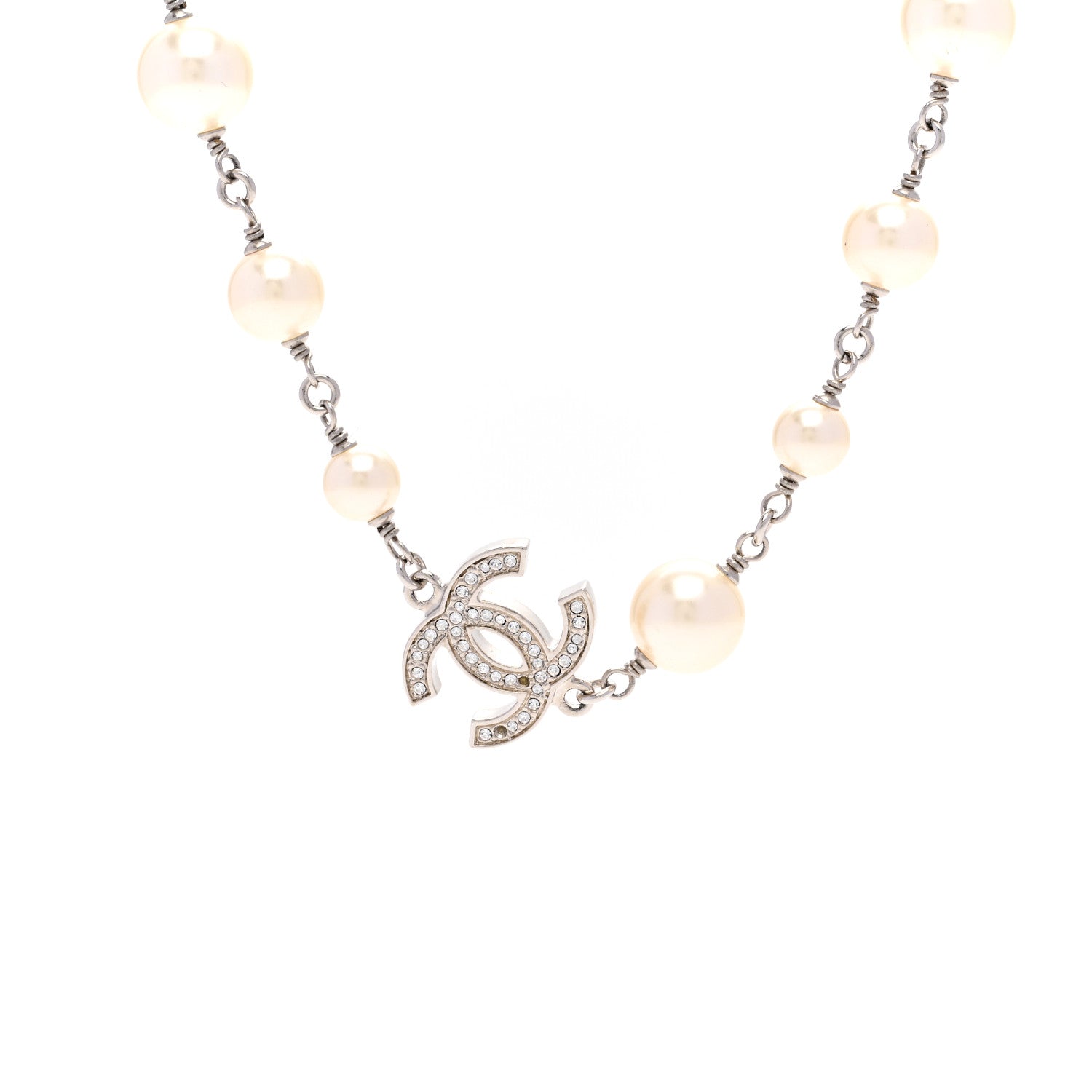 Chanel Graduated Pearl Crystal CC Long Necklace Silver 4 of 6