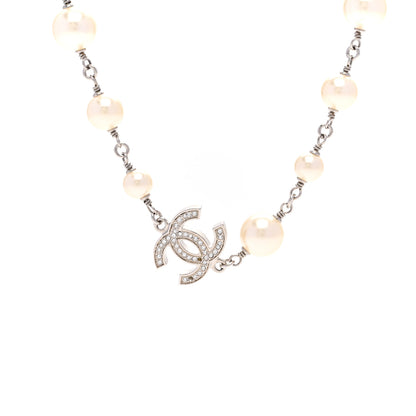 Chanel Graduated Pearl Crystal CC Long Necklace Silver 4 of 6