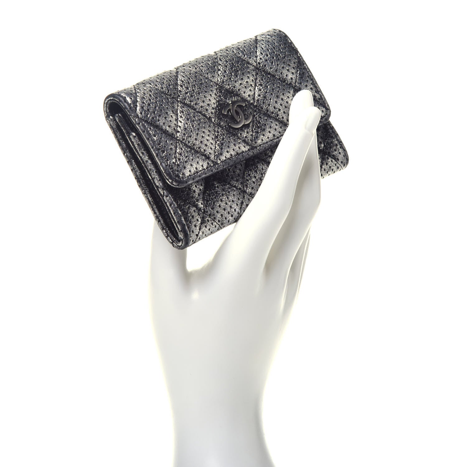 Chanel Metallic Calfskin Perforated Quilted Card Holder Grey 2 of 8