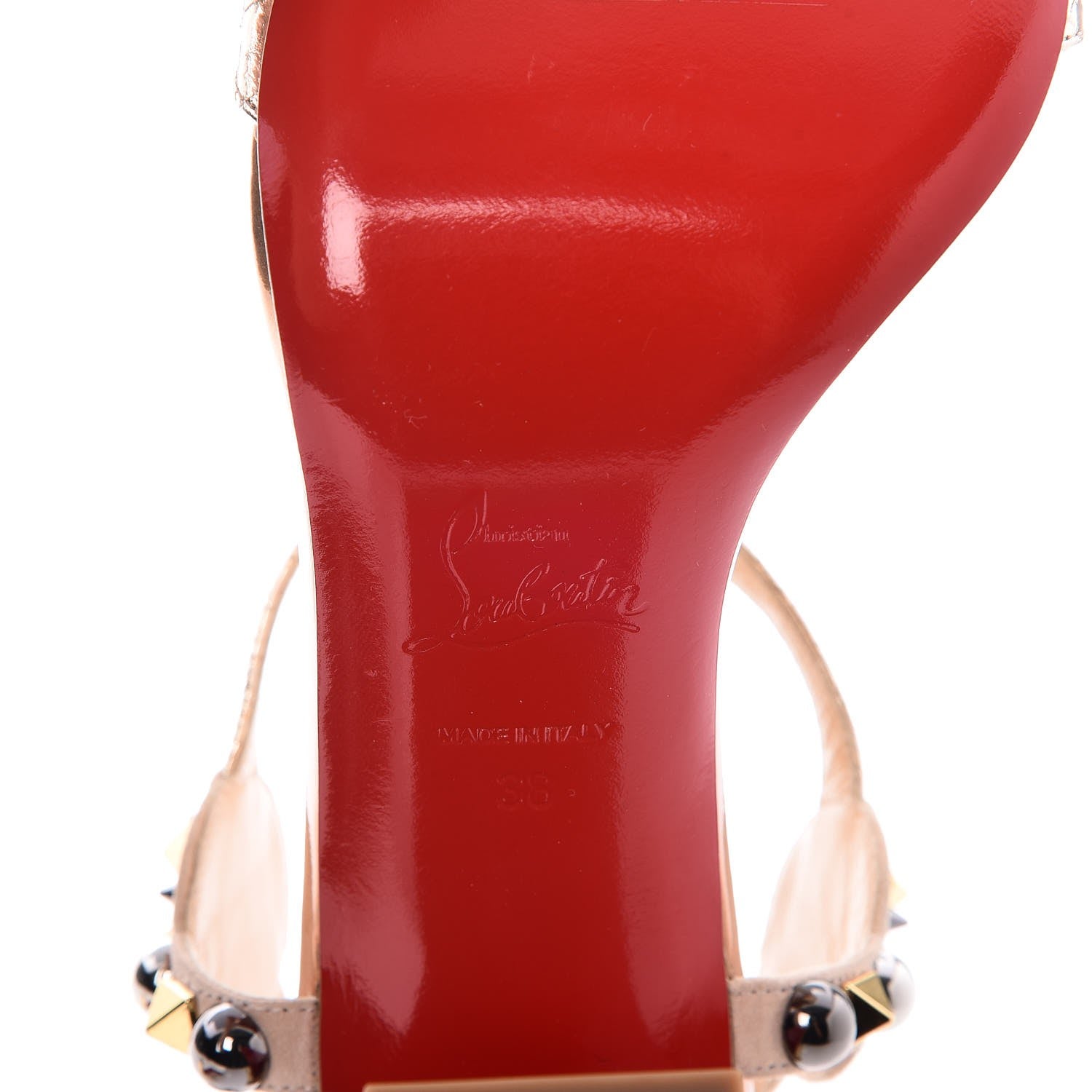Christian Louboutin Studded Lame Metallic Patent Kaleitop 85 T-Strap Sandals 38 Doudou 6 of 8