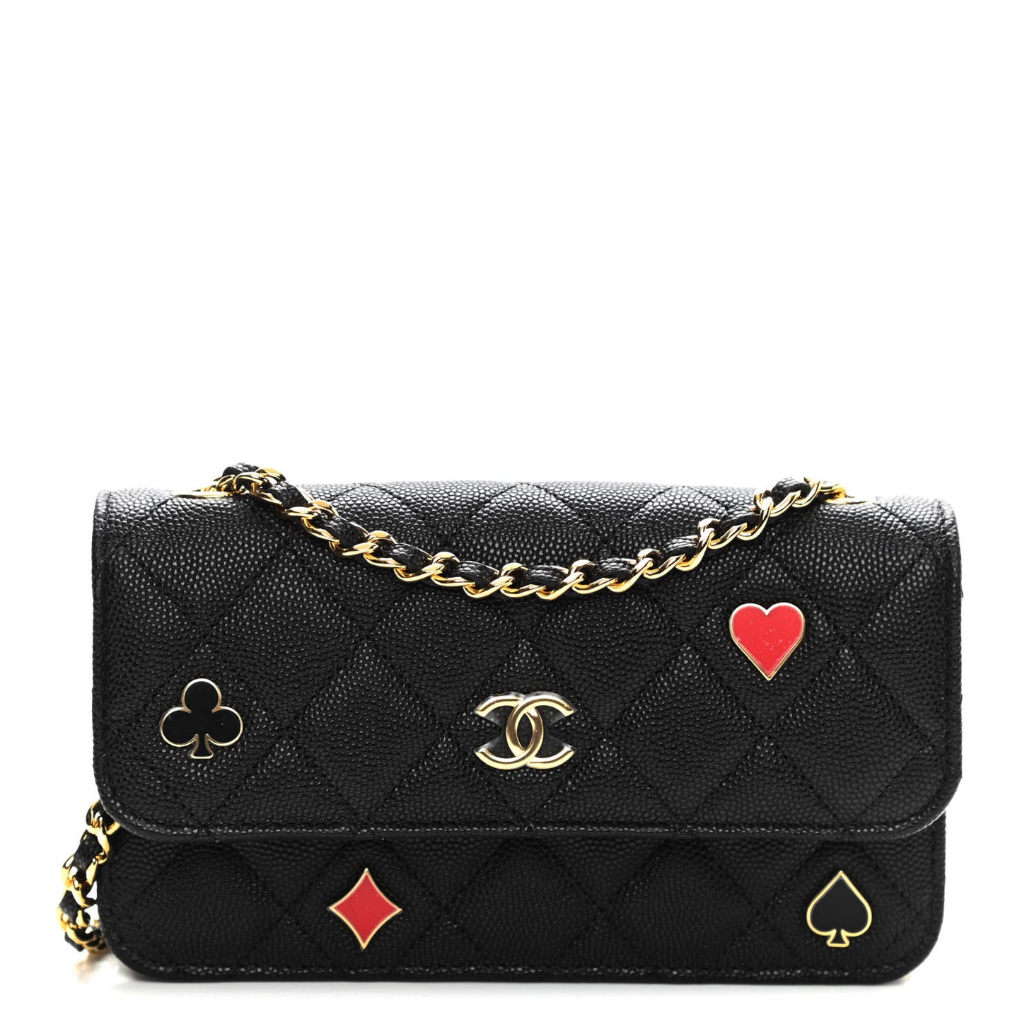 Caviar Quilted Enamel Coco Casino Flap Phone Holder With Chain Black