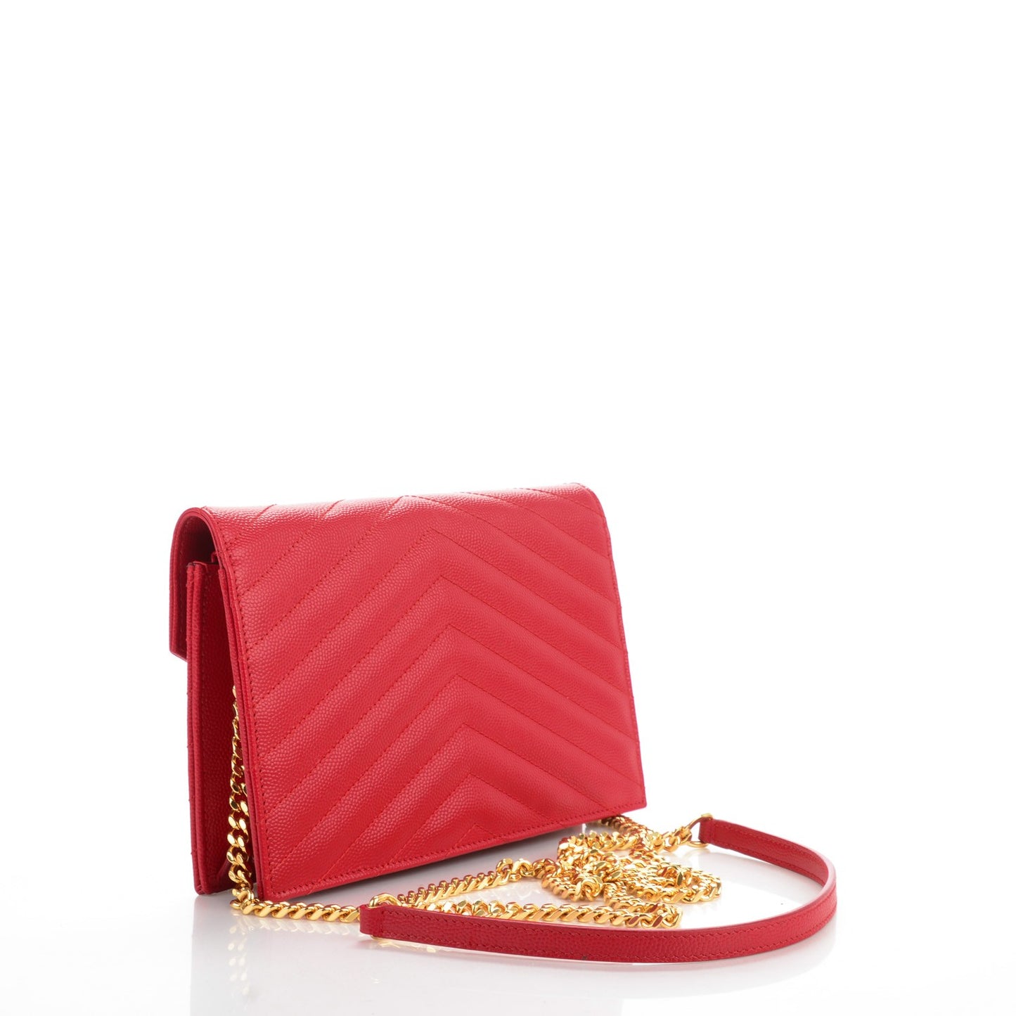 Grain De Poudre Matelasse Chevron Monogram Envelope Chain Wallet New Red
