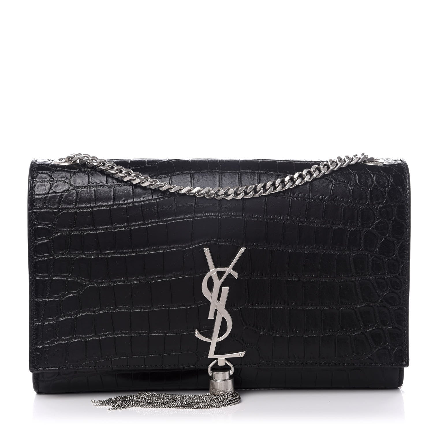 Saint Laurent Calfskin Crocodile Embossed Medium Classic Monogram Kate Tassel Satchel Black 1 of 8