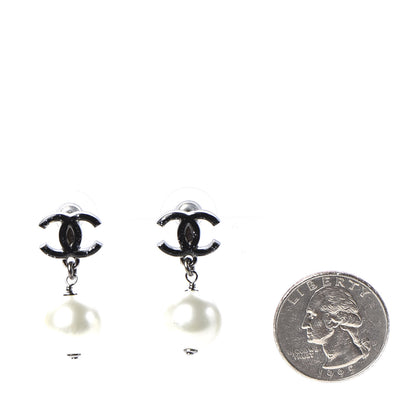 Chanel Glitter Pearl Enamel CC Drop Earrings Ruthenium Black 2 of 5