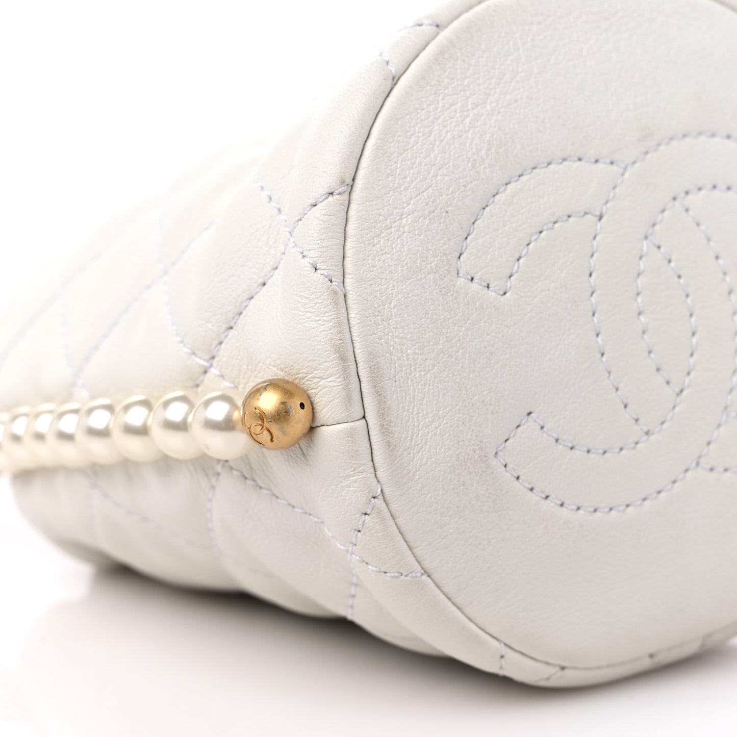Calfskin Quilted Pearl Mini About Pearls Drawstring Bucket Bag White