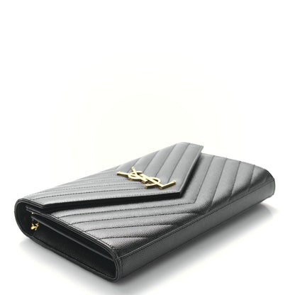 Saint Laurent Grain De Poudre Matelasse Chevron Monogram Envelope Chain Wallet Black 4 of 9