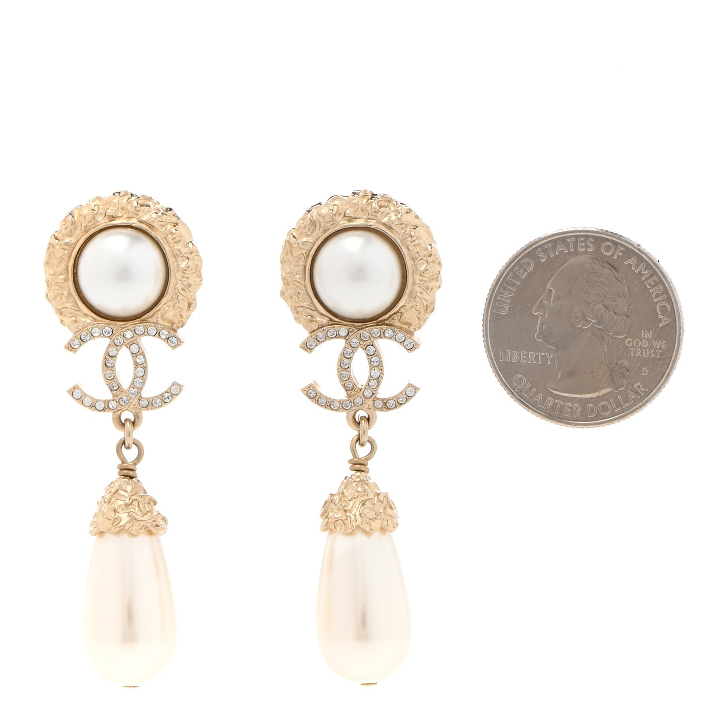Metal Pearl Crystal Textured Teardrop CC Drop Earrings Gold