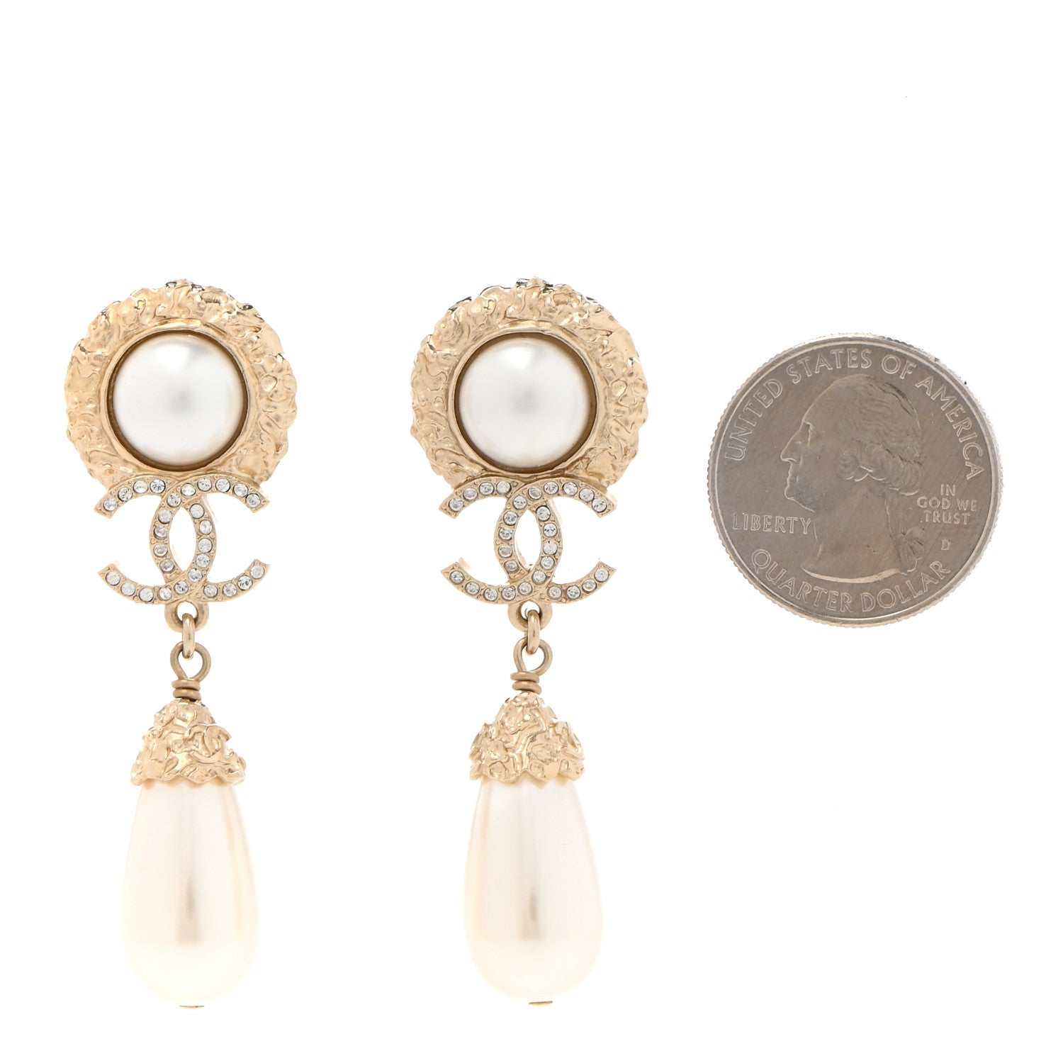 Chanel Metal Pearl Crystal Textured Teardrop CC Drop Earrings Gold 2 of 5