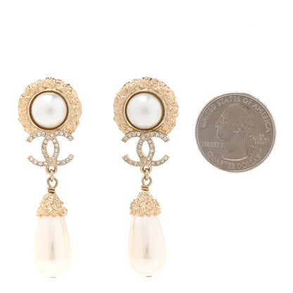 Chanel Metal Pearl Crystal Textured Teardrop CC Drop Earrings Gold 2 of 5