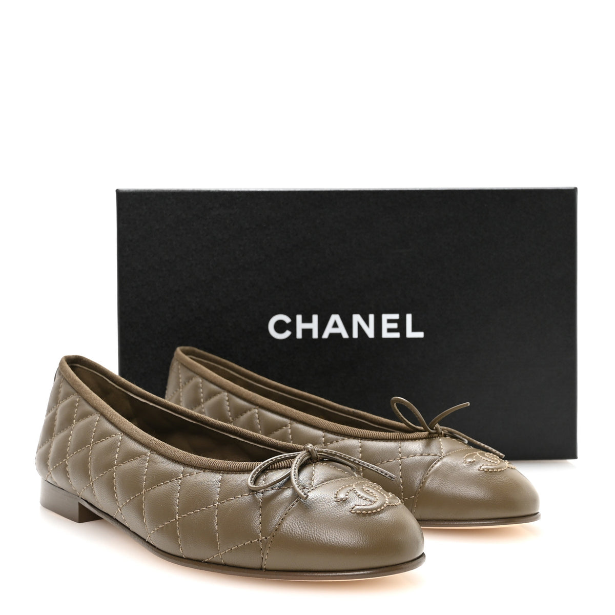 Lambskin Quilted CC Cap Toe Ballerina Flats 37.5 Dark Khaki