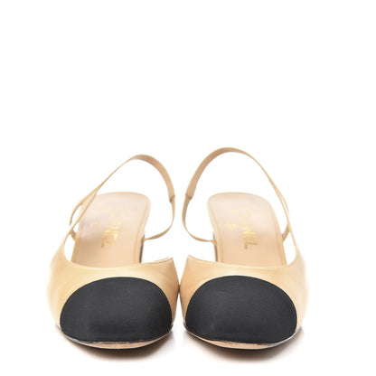 Chanel Goatskin Grosgrain Cap Toe CC Slingback Pumps 38.5 Beige Black 2 of 9