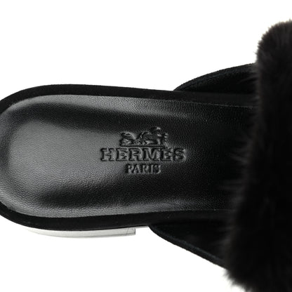 Hermes Mink Fur Suede Goatskin Trocadero Mule 35 Black 6 of 7