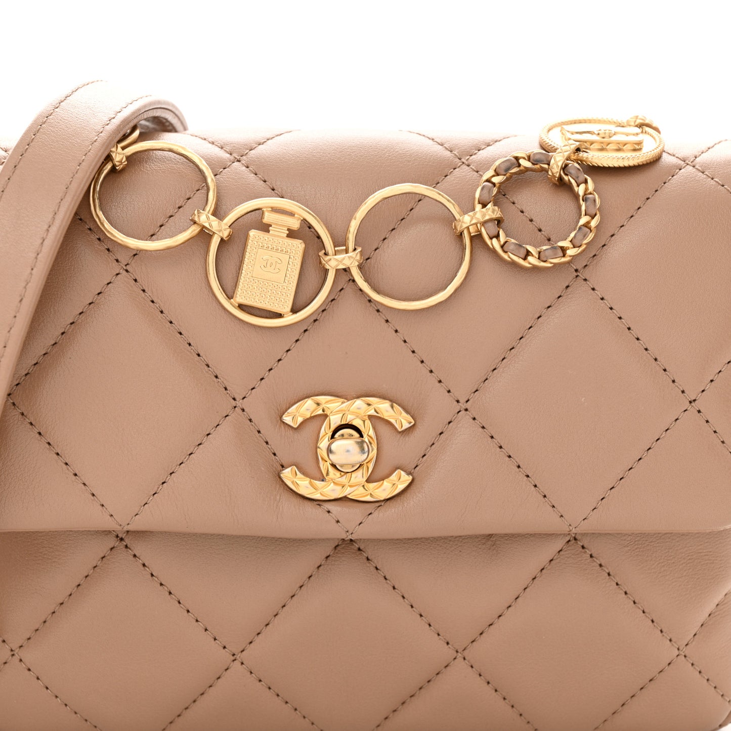 Calfskin Quilted Mini Charms Flap Dark Beige