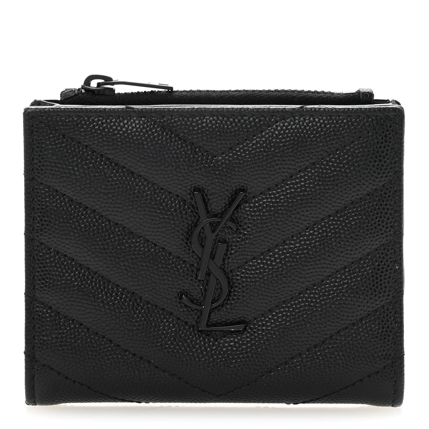 Saint Laurent Grain De Poudre Matelasse Chevron Monogram Zipped Card Case Black 1 of 11